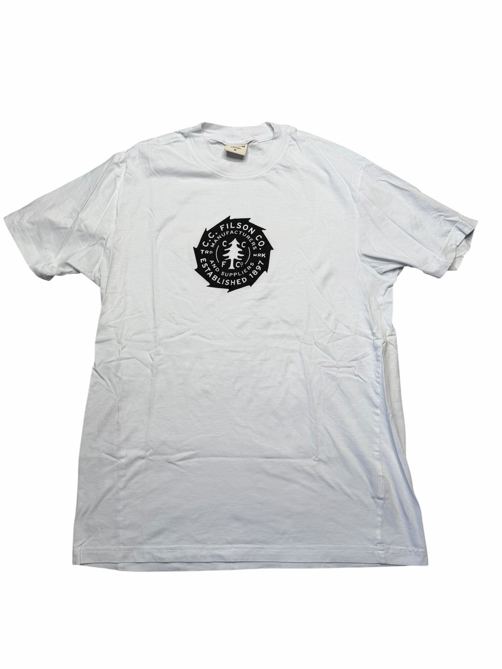 FILSON Ranger Saw Print White Crewneck Tee with Black Center Emblem Men's Size M